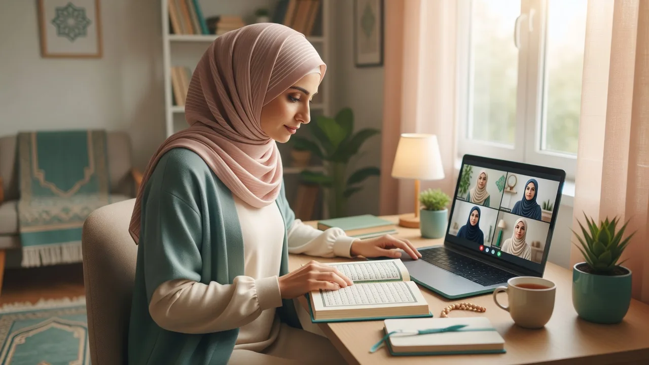 Sister learning online Quran classes for females with a private female teacher on a laptop
