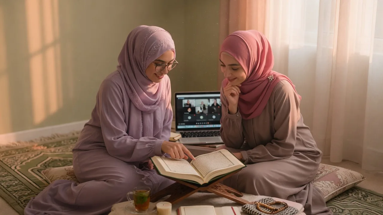 Sister learning Quran online in a private 1-on-1 class with a female teacher