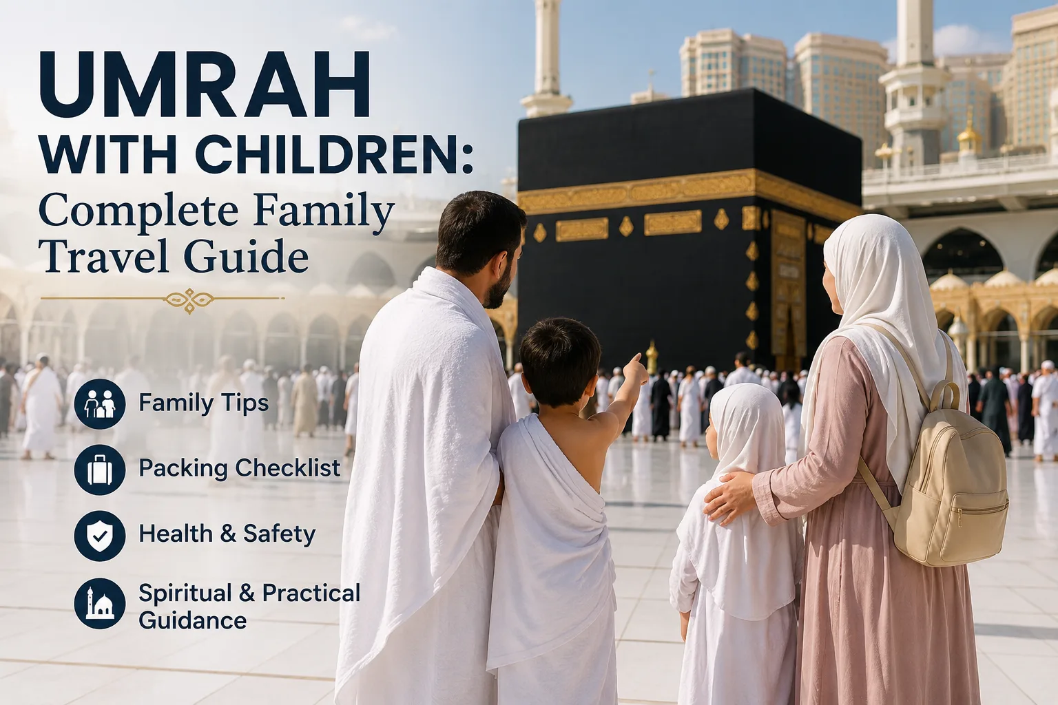 Muslim family performing Umrah together in front of the Kaaba in Makkah