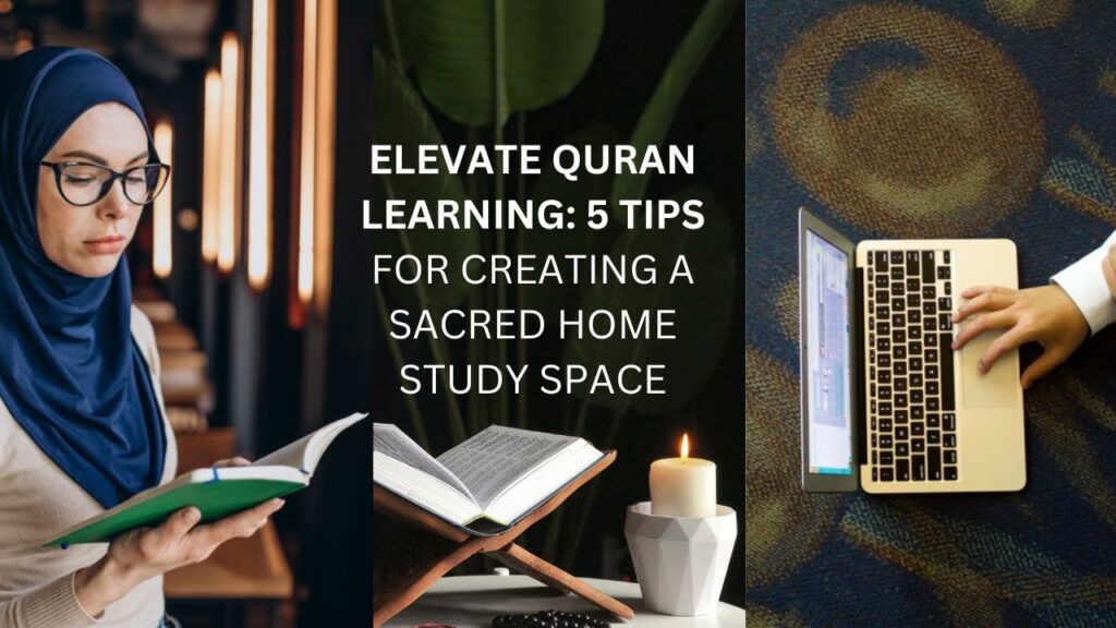 Muslim woman reading, open Quran, and laptop, symbolizing sacred study space , Quran Learning, Online Quran learning Quran classes online Learn Quran online Quran tutoring services Online Quran teaching Best online Quran courses