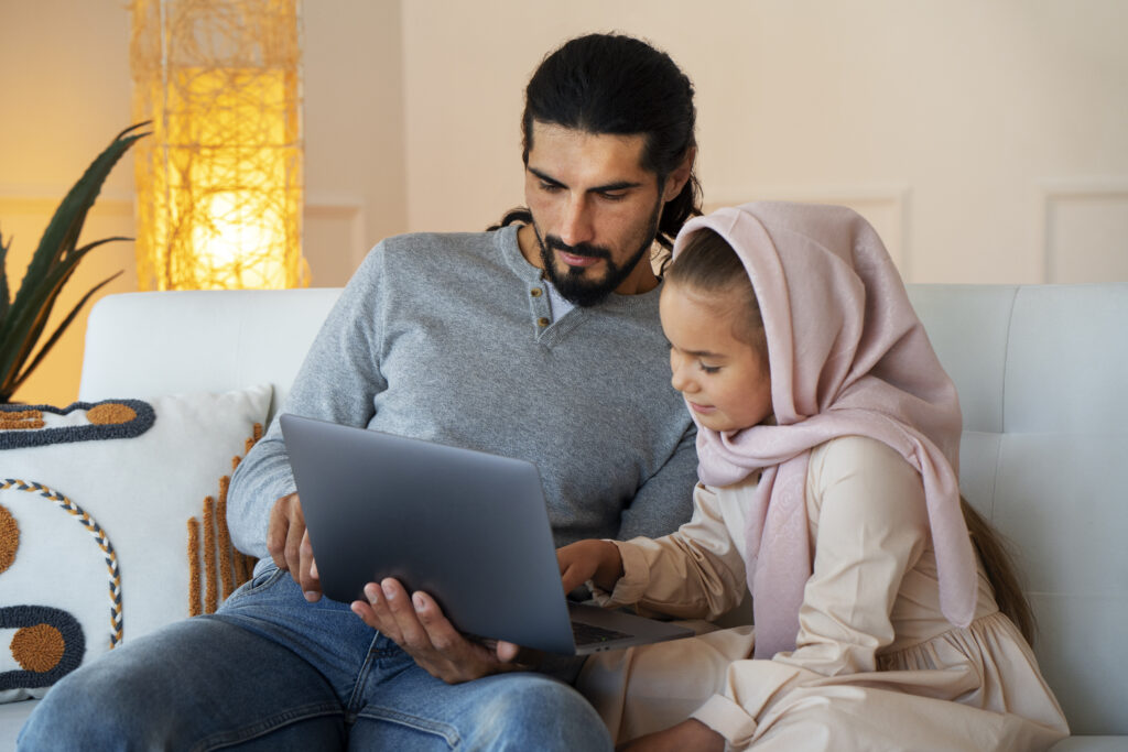 Father and daughter Online Quran Learning in the UK, ideal for Quran classes for kids, Tajweed classes, and online Quran teacher support