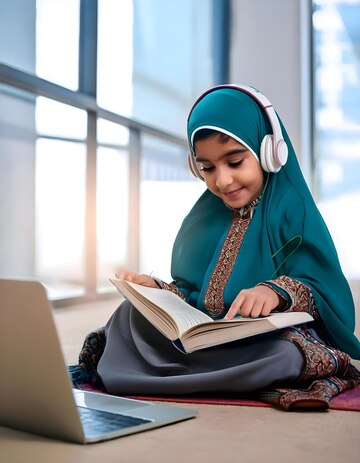 Girl learning Quran online with headphones and laptop ,Online Quran Classes, Quran Learning, Online Quran learning Quran classes online Learn Quran online Quran tutoring services Online Quran teaching Best online Quran courses