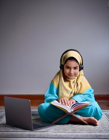 Young girl learning Quran online with a laptop and headphones,Online Quran Classes, Quran Learning, Online Quran learning Quran classes online Learn Quran online Quran tutoring services Online Quran teaching Best online Quran courses