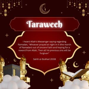 Taraweeh Prayer – Islamic-themed design with a hadith about night prayers in Ramadan, featuring lanterns, a crescent moon, and the Kaaba.